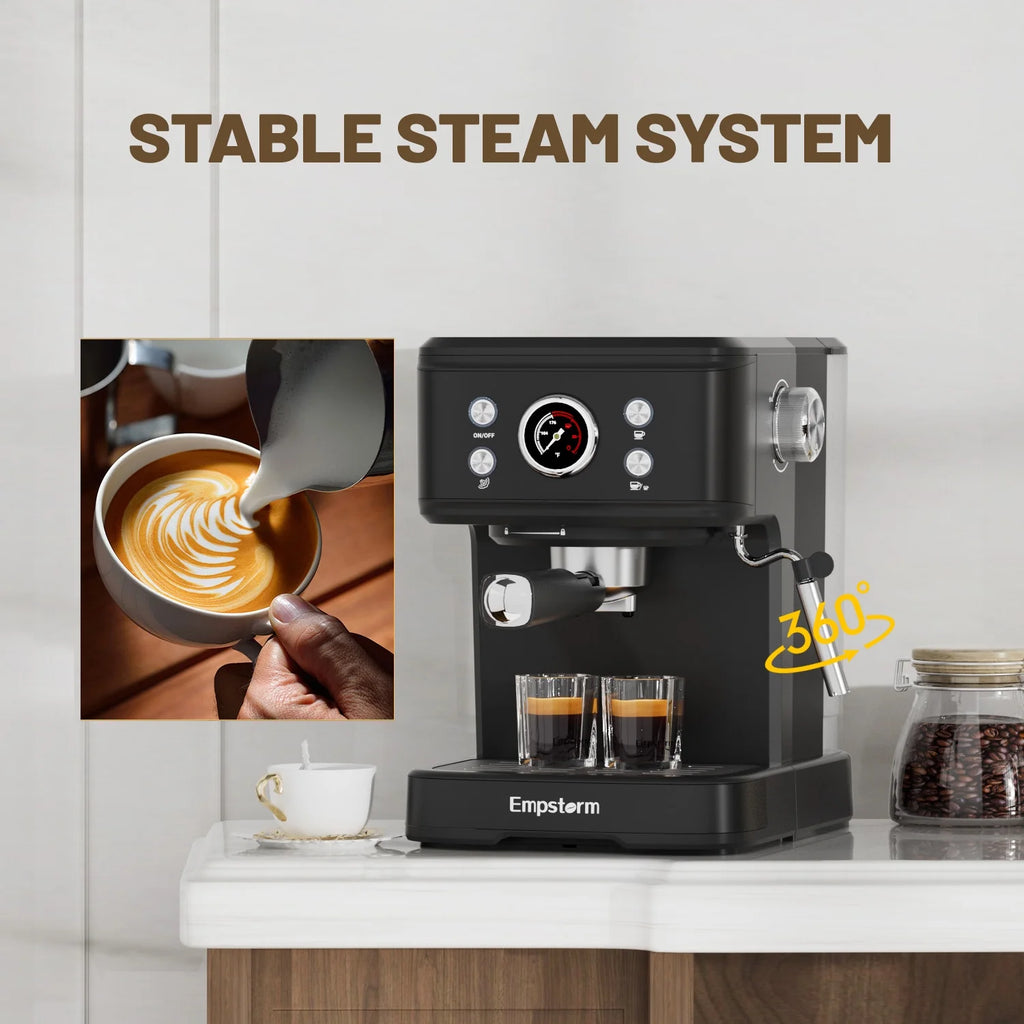 Empstorm 20 Bar Espresso Machine with Milk Frother Steam Wand, 3-in-1 Coffee Maker, Compatible with NS Pods, Stainless Steel, for Latte & Cappuccino, Beige