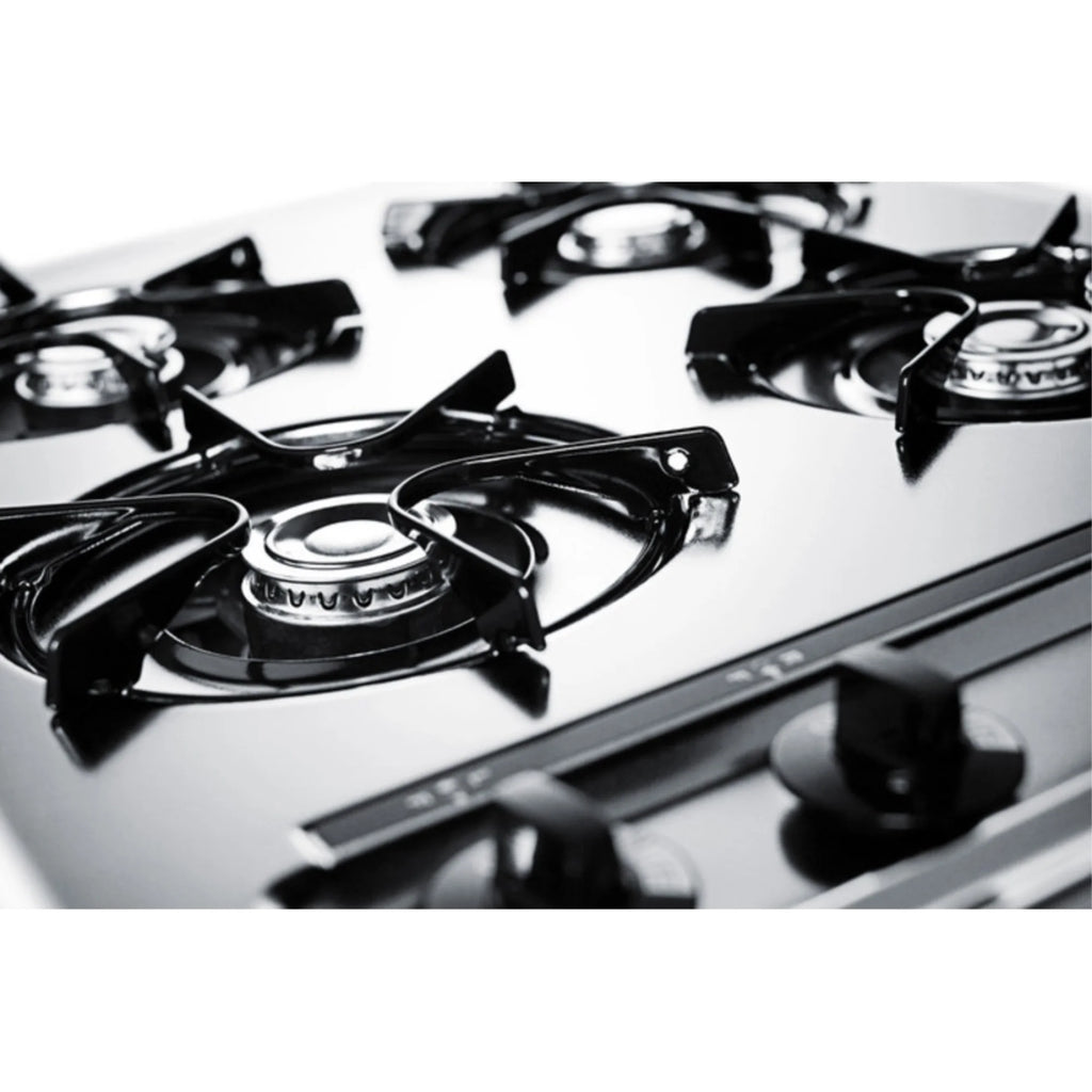 24" wide open burner gas cooktop in brushed chrome with battery start ignition