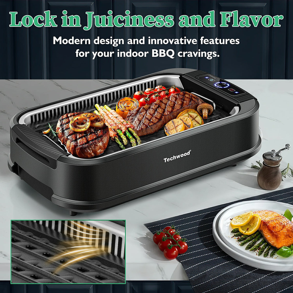 Techwood Indoor Smokeless Grill, 1500W, Black, Electric Portable Korean BBQ Grill with Tempered Glass Lid