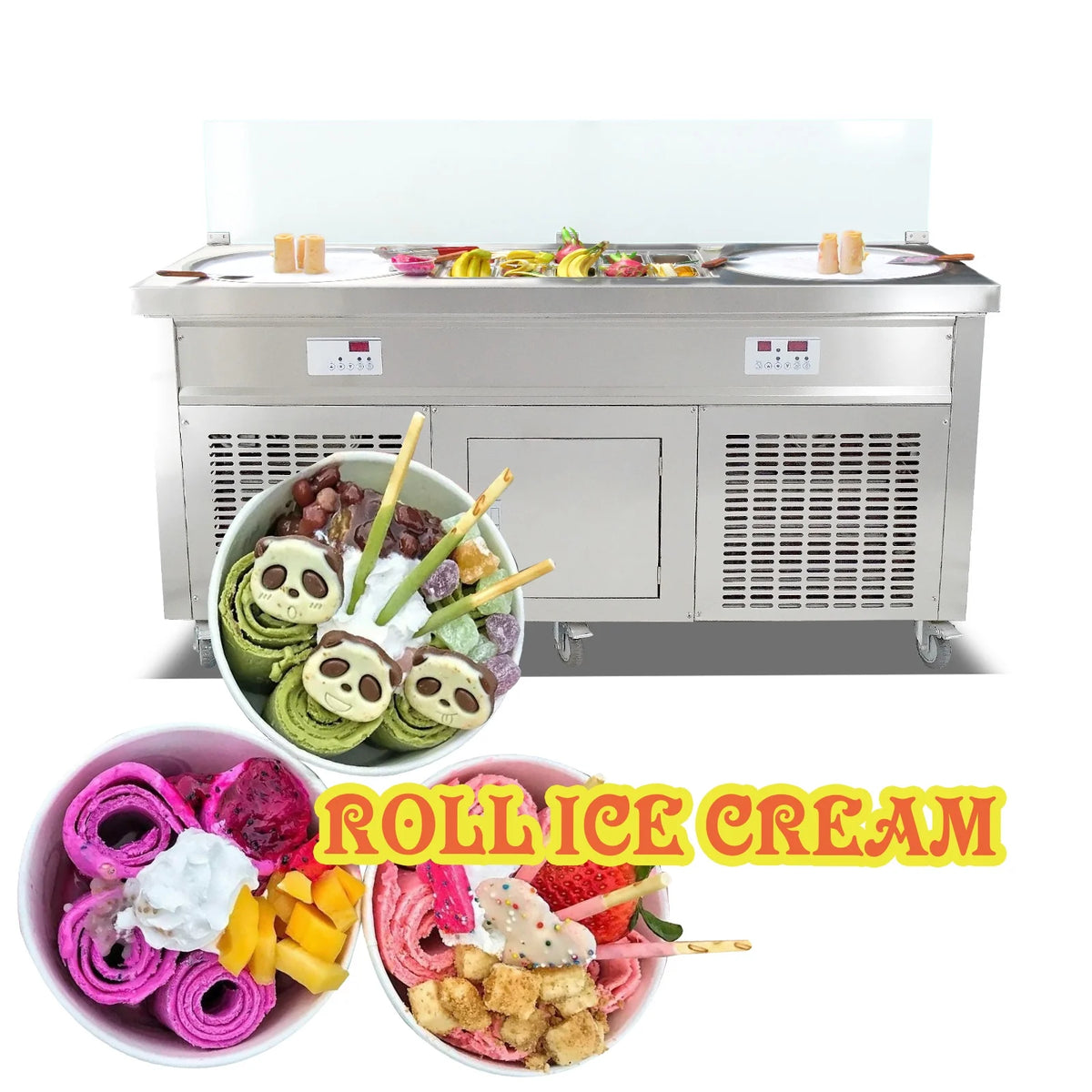 Kolice Commercial 22" Double Round Pans Fried Ice Cream Rolled Machine-Smart Temperature Control