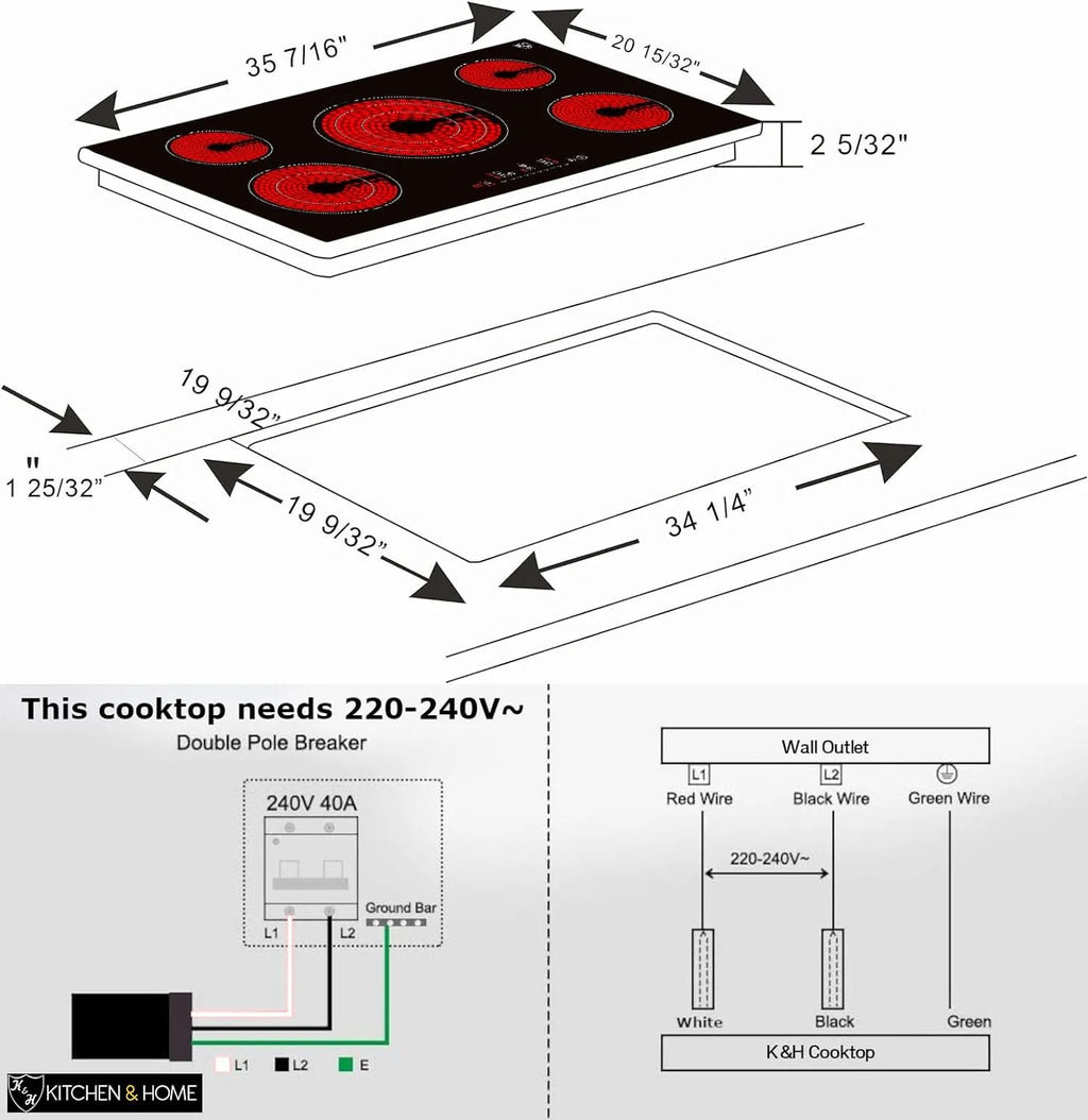 K&H German Designed 5 Burner 36 inch Built-in Kitchen Stove Top Electric Radiant Ceramic Kitchen Cooktop Touch Control 240V 9600W CE36-10208