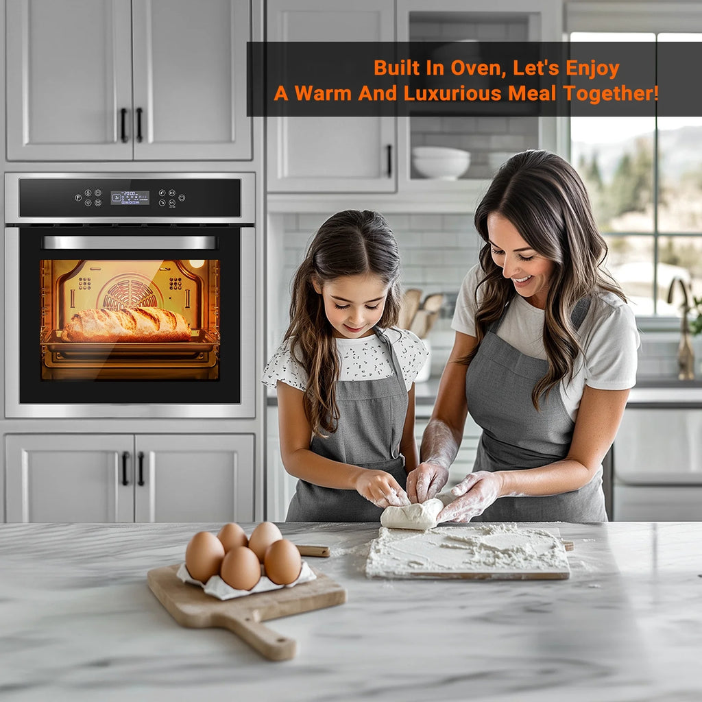Sunmaki Single Wall Oven 24 Inch Electric Built-in Convection Oven 2.5 Cu.Ft 240V LED Digital Display Touch Control Timer Alarm Clock Child Lock for Kitchen, 2800W