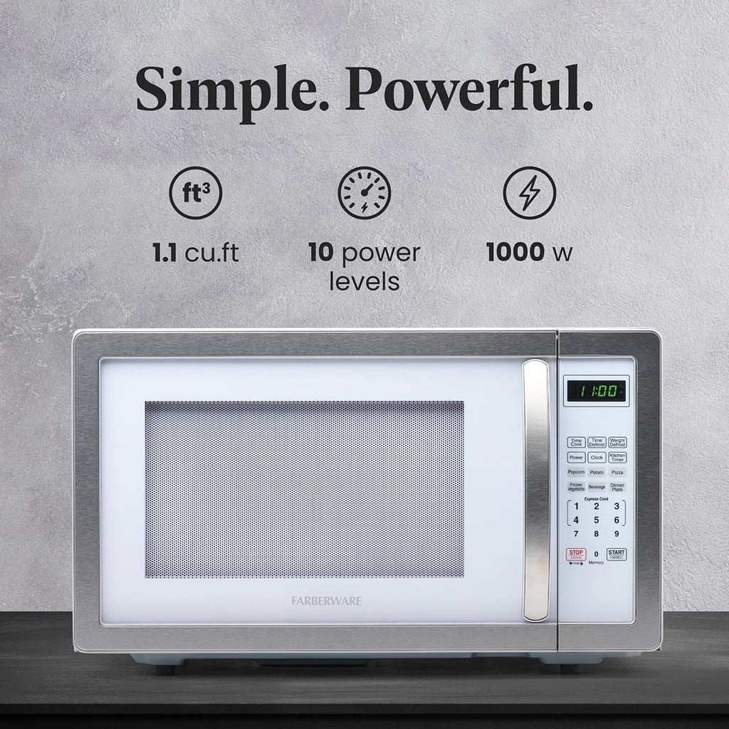 Farberware Stainless Steel Countertop Microwave Oven with Child Lock, 1.1 Cu Ft Black Stainless
