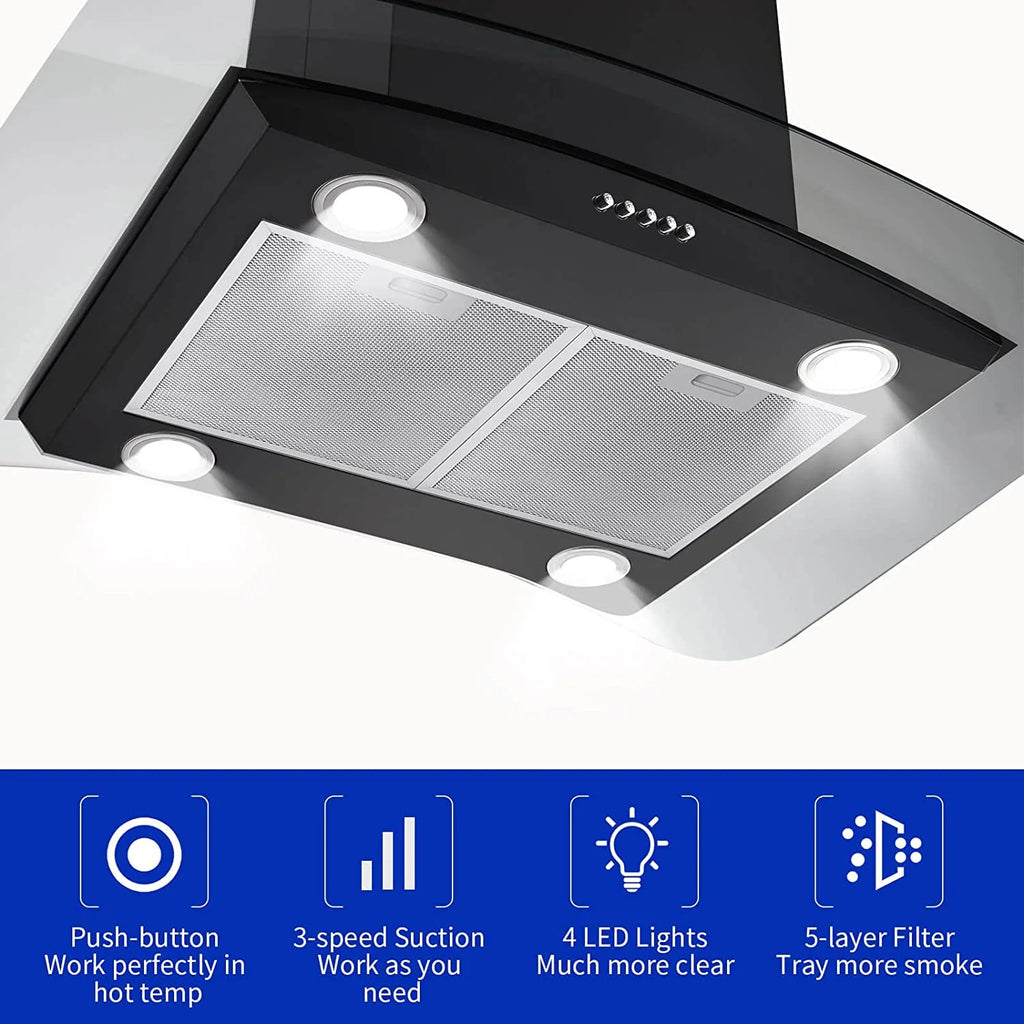 Island Range Hood 30-inch Kitchen 3-Speed Extractor Fan Vent Hood Airflow 900CFM