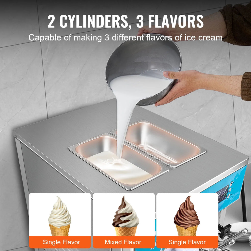 KFFKFF 3-Flavor Commercial Ice Cream Machine 21-31 L/H Soft Serve Ice Cream Maker 2 5.5L*2 Cylinder LED Panel and Auto Clean