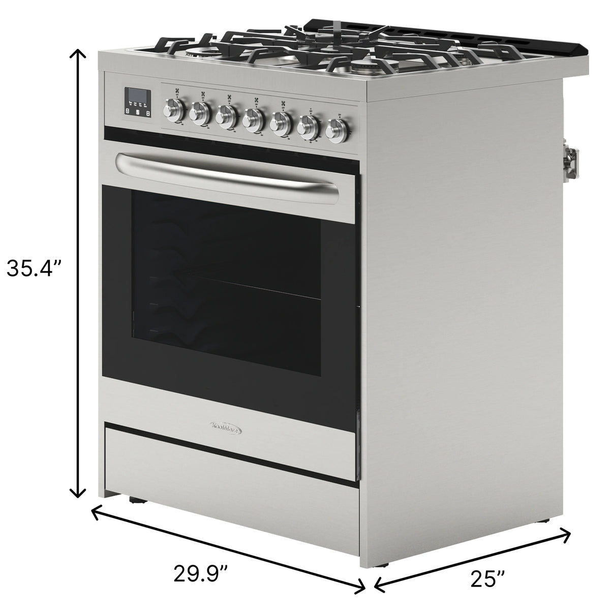 30�� Inch Professional Gas Range Stove with 5 Burner Cooktop, Rapid Convection Oven, and Digital Timer with Heavy-Duty Cast Iron Grates, Stainless-Steel Appliance, Silver