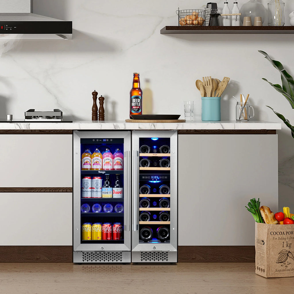 Yeego 30" Wine and Beverage Refrigerator,Two 15" Wine and Beverage Cooler Under Counter or Freestanding, Hold 33 Bottles and 80 Cans(Two Pack)