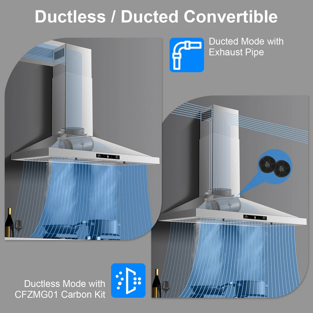 New 30 Inch Stainless Wall-Mounted Kitchen Range Hood 3-Speed Fan Exhaust Vent Gesture/Touch 120V