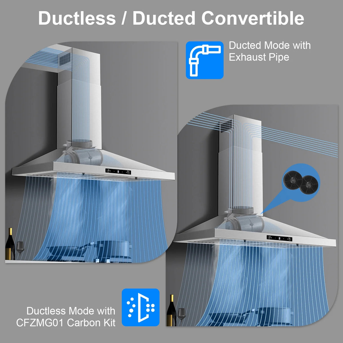 New 30 Inch Stainless Wall-Mounted Kitchen Range Hood 3-Speed Fan Exhaust Vent Gesture/Touch 120V