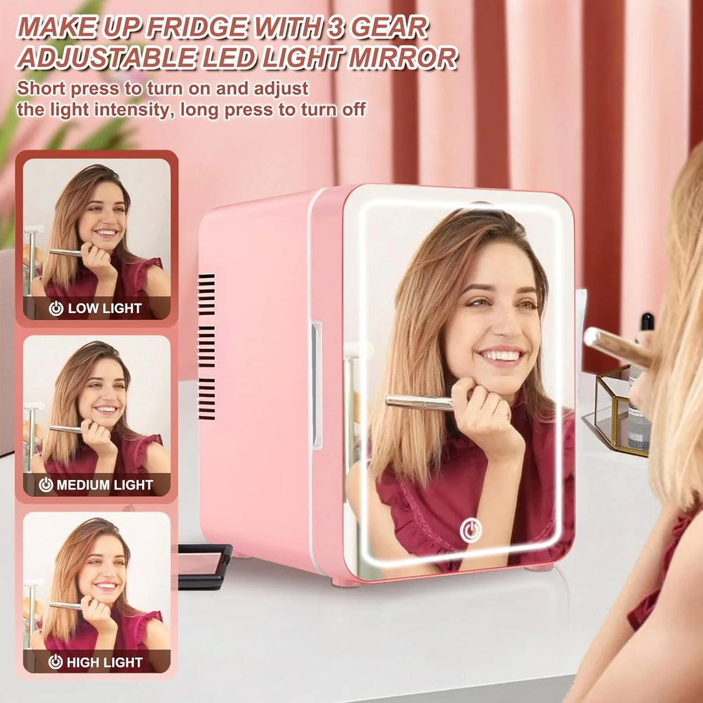 Mini Fridge for Bedroom, Skincare Fridge With Dimmable LED Light Mirror,4L Makeup Mini Fridge,Cooler & Warmer,Compact Small Refrigerator,for Bedroom, Car,For Cosmetics, Skincare And Food,Pink
