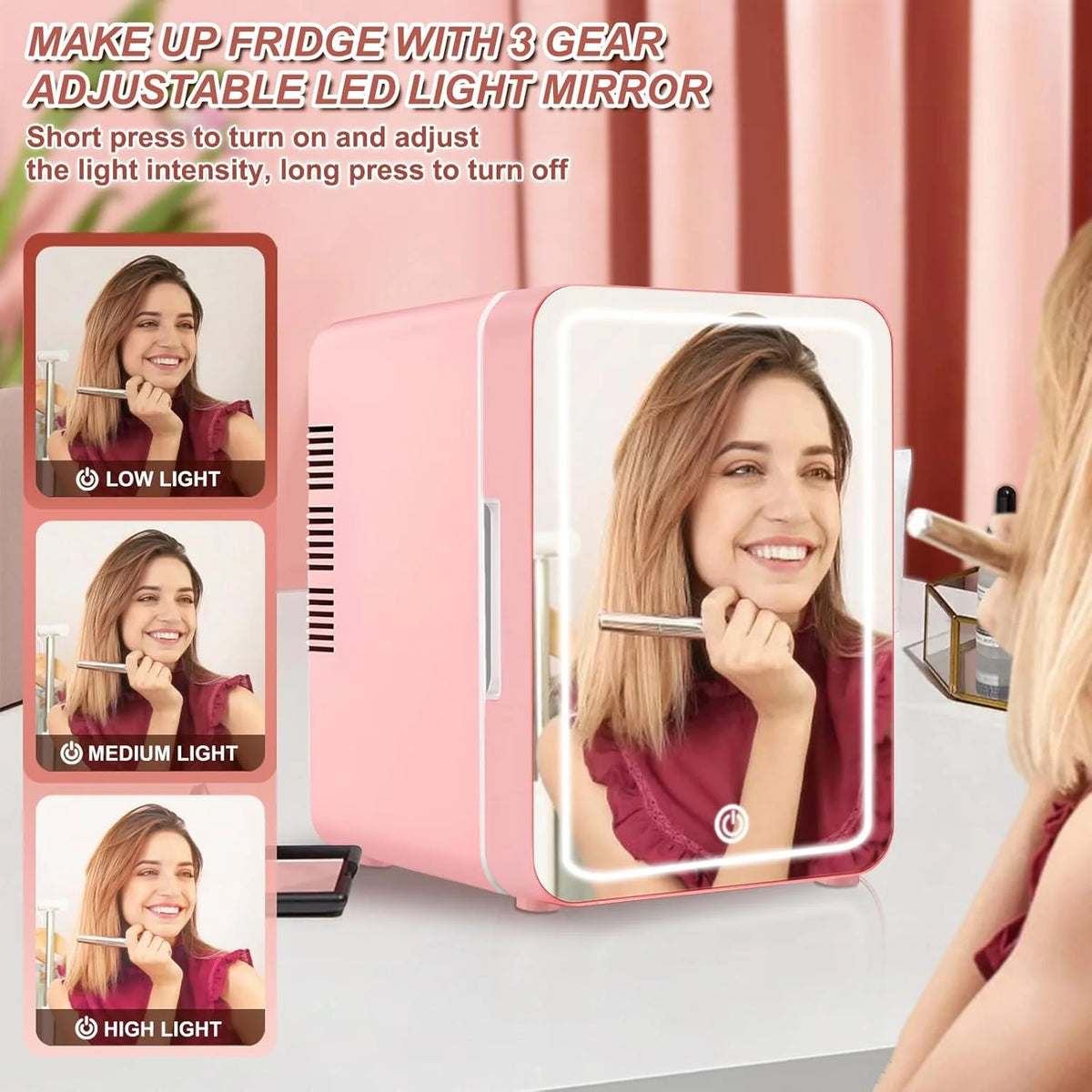 Mini Fridge for Bedroom, Skincare Fridge With Dimmable LED Light Mirror,4L Makeup Mini Fridge,Cooler & Warmer,Compact Small Refrigerator,for Bedroom, Car,For Cosmetics, Skincare And Food,Pink