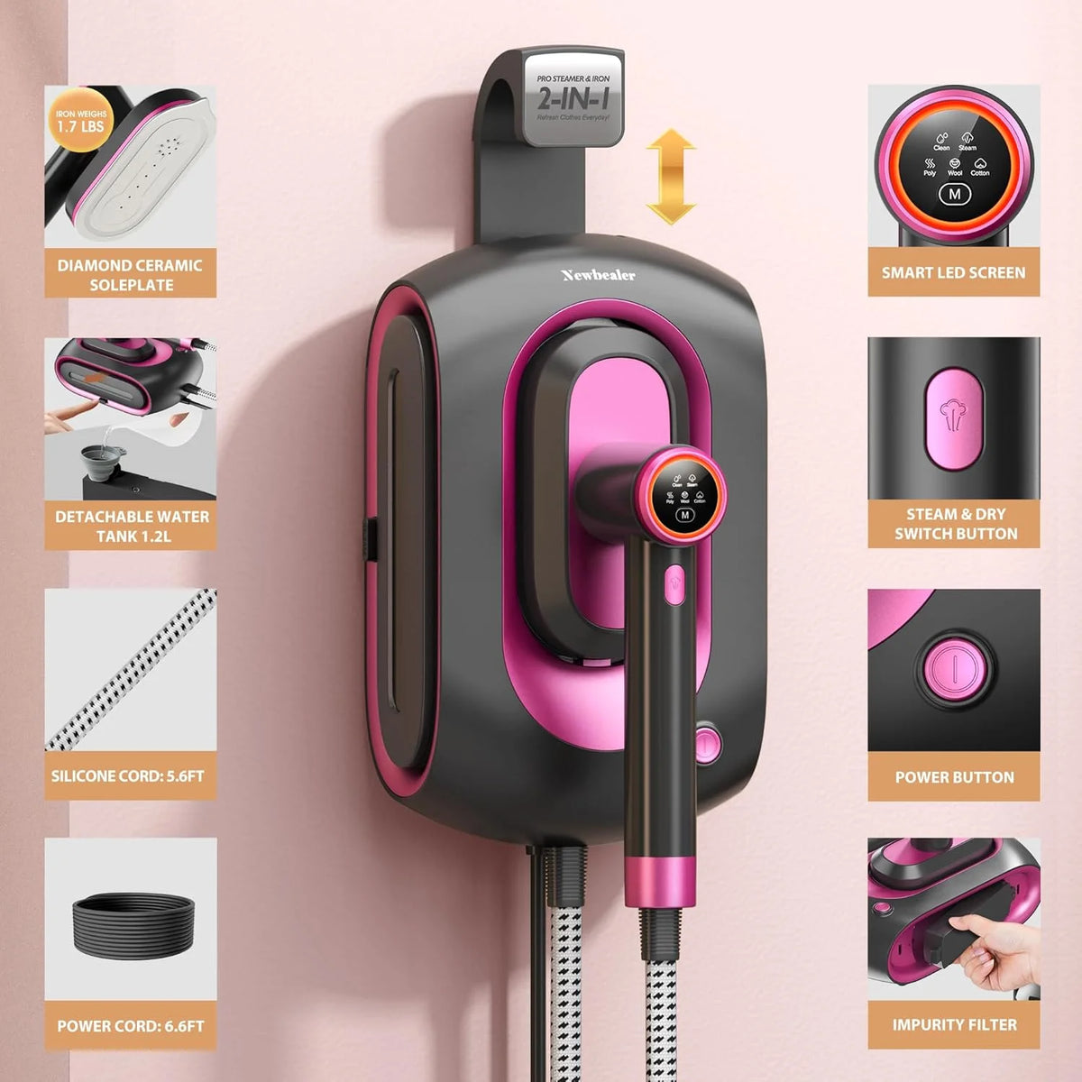 Newbealer Steamer for Clothes,2-in-1 1550W Turbocharged Garment Steamer & Iron ,3 Levels Smart Control Steaming,1.2L Detachable Tank,Auto Shut-Off,Self-Cleaning,Innovative Storage: Hang or Wall Mount