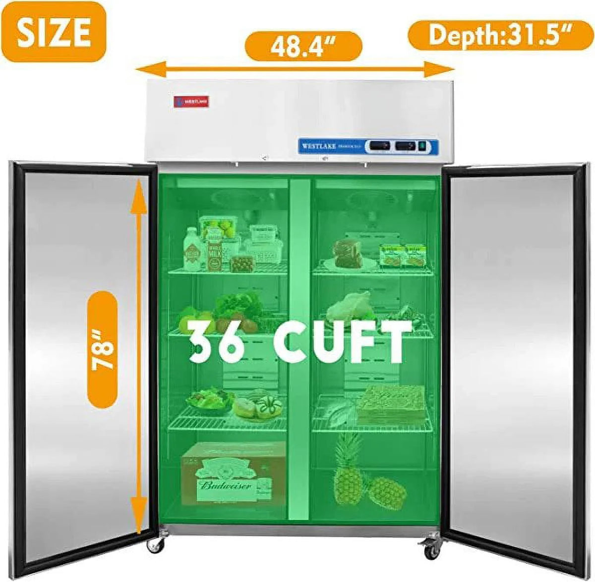 Westlake Commercial Reach In Upright Freezer WK-48F Double Solid Door Stainless Steel 36 Cu. Ft