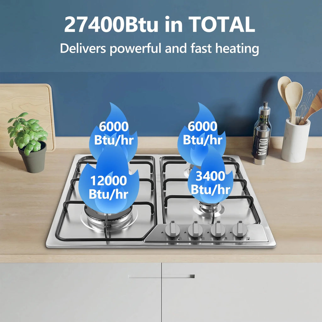 Graceall 24in Gas Stove Cooktop, Drop-in 24inch Gas Stove Top 4 Burners, NG/LPG Convertible Neutral Gas Propane Cooktop Gas Hob with Thermocouple Protection