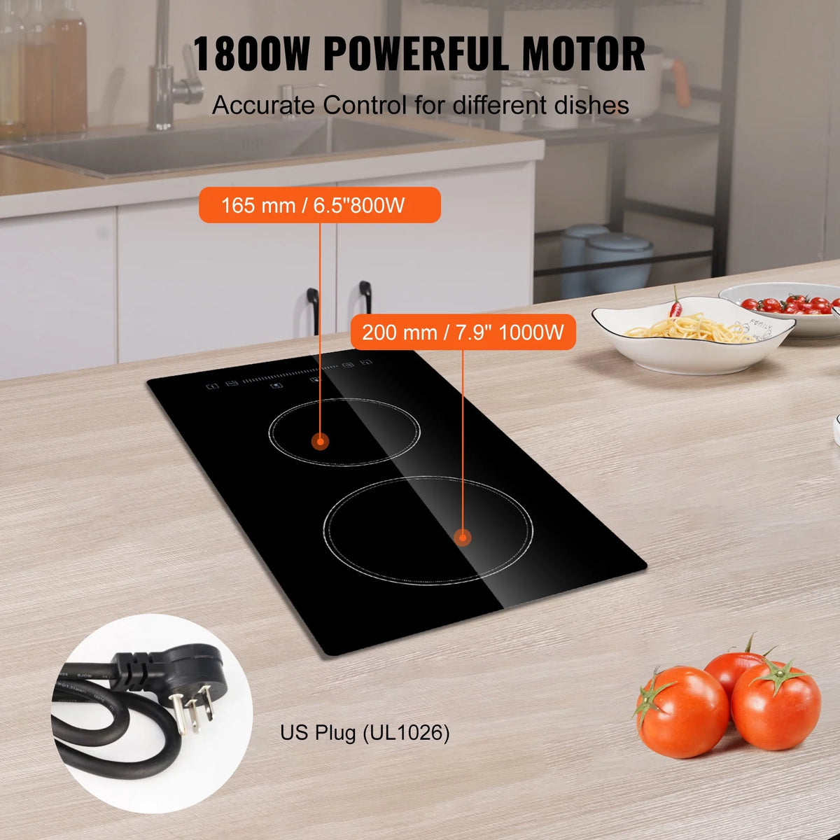 KFFKFF 2 Burner Electric Cooktop, 220-240V 1800W 20 Inch Built-in Electric Stove Ceramic Cooktop with Touch Screen, 9 Levels Settings, Overheat Protection with US Plug