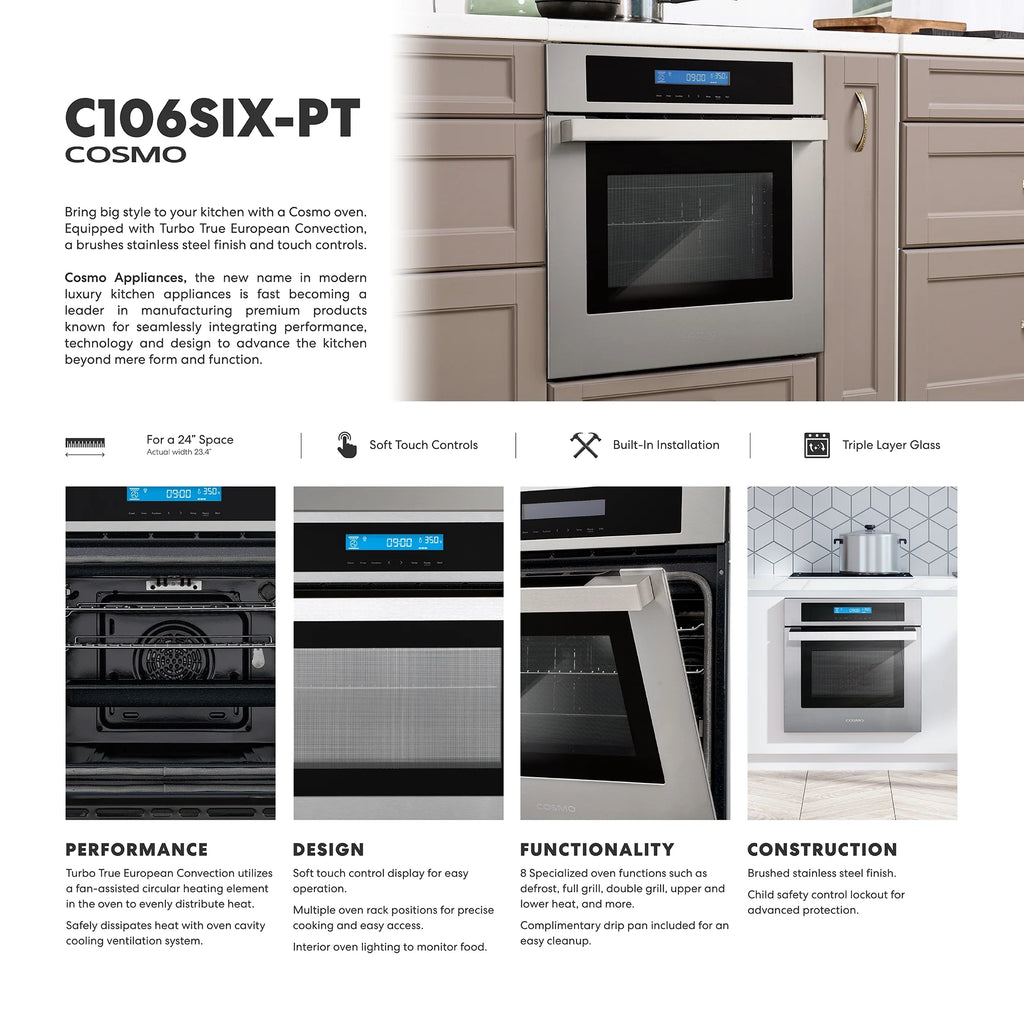 24 in. Single Electric Built-In Wall Oven with 2.5 cu. ft. Capacity, Turbo True European Convection in Stainless Steel