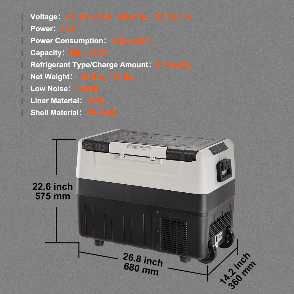 BENTISM Car Refrigerator 58Qt, 12v Portable Freezer with  Dual Zone, 12/24V DC & 110-240V AC Electric Cooler with -4a??-50a?? Cooling Range, for Car Truck Vehicle RV Boat