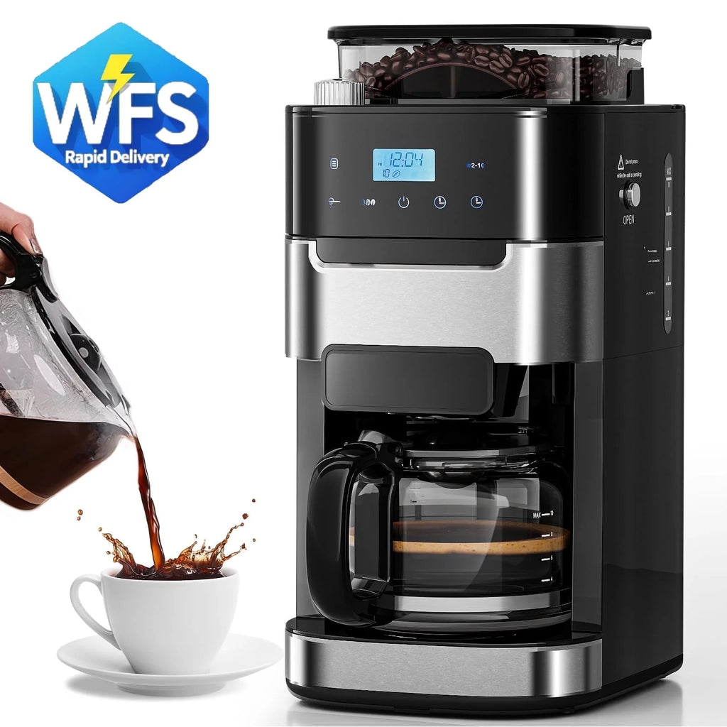Auseo 10-Cup Drip Coffee Maker with Grinder, Grind and Brew Coffee Maker, 12-Hour Timer, 3 Brew Strength Options, Touch Screen, 1.5L Water Tank, Black
