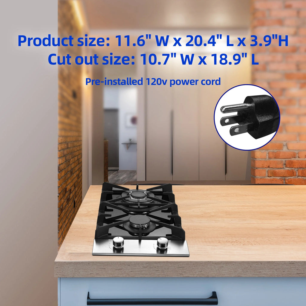 Eascookchef 2 Burners Gas Cooktop Electric Stove Oven 12 inch NG/LP Gas Stainless Flame-Out Proof