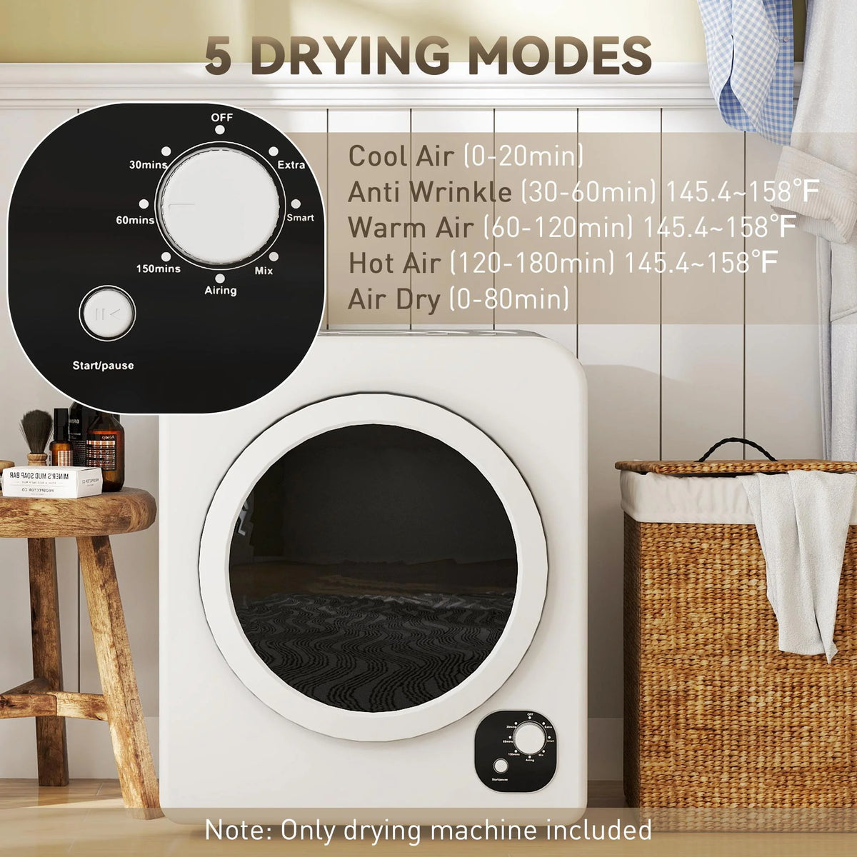 Resenkos Compact Laundry Dryer 1300W Portable Clothes Dryer with 3.2 cu.ft Stainless Steel Drum, Front Load Electric Dryer, Gray