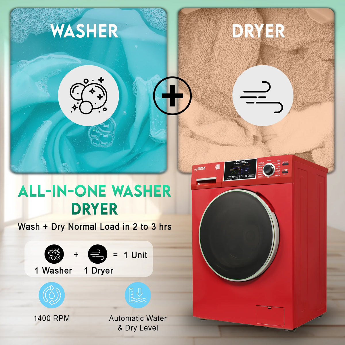 Equator All-in-One Washer Dryer VENTLESS/VENTED PET cycle 1.62cf/15lbs 110V in Merlot