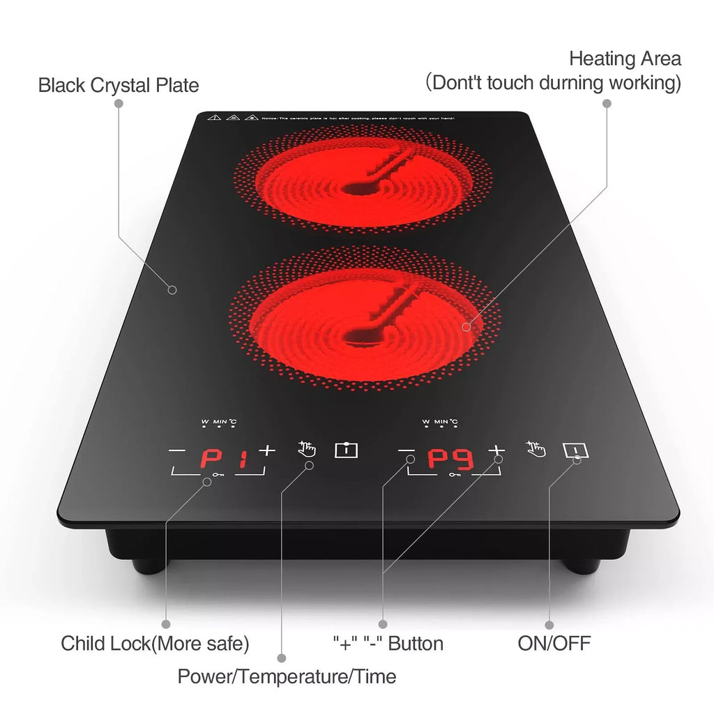 iMeshbean 12inch Electric Ceramic Cooktop 220V 3000W Electric Induction Cooktop 2 Burners Stove Top Built-In/Integrated Touch Control