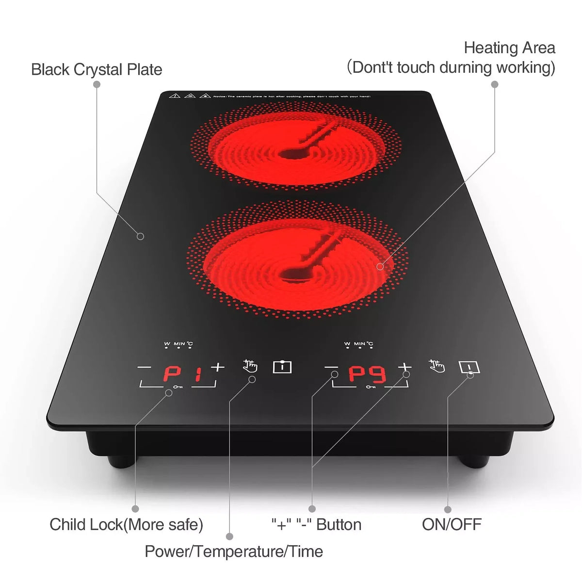 iMeshbean 12inch Electric Ceramic Cooktop 220V 3000W Electric Induction Cooktop 2 Burners Stove Top Built-In/Integrated Touch Control