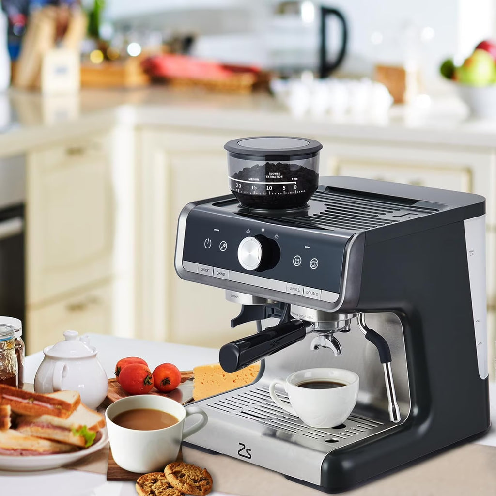 COZONY Espresso Machine 15 Bar, 2.5 L Water Tank, Semi Automatic Coffee Maker with Grinder, Milk Frother/Steam Wand, Italian Pump, All-in-One Espresso Machine, Stainless Steel, Silver