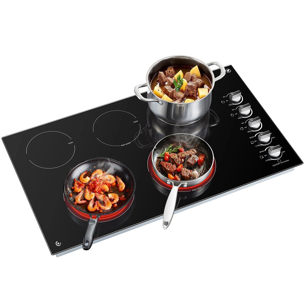 5 Burner Electric Stove, Sunmaki 36 inch Built-in Electric Cooktop 8900W Power Control by Knob for Home/Restaurant, 220V-240V