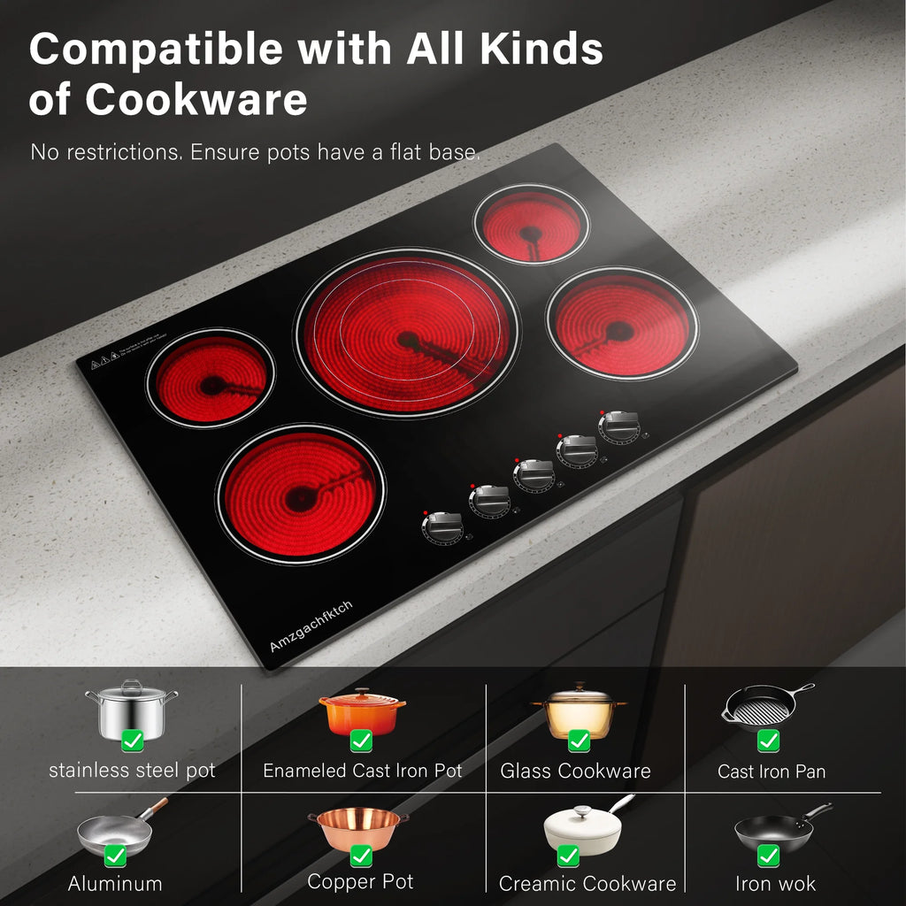 30in 5-Burner Built-In Electric Cooktop 9000W, Knob Control Ceramic Stove Easy Clean, No Radiation Family-Safe