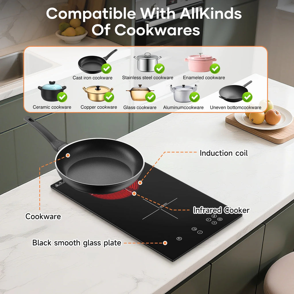 VoltCuisine Double/Dual Induction Cooktop 2 Burner, Shatter-proof Flat Glass Top, 9 Heat Settings, LED Touch Display with Child Safety Lock & Overheat Protection
