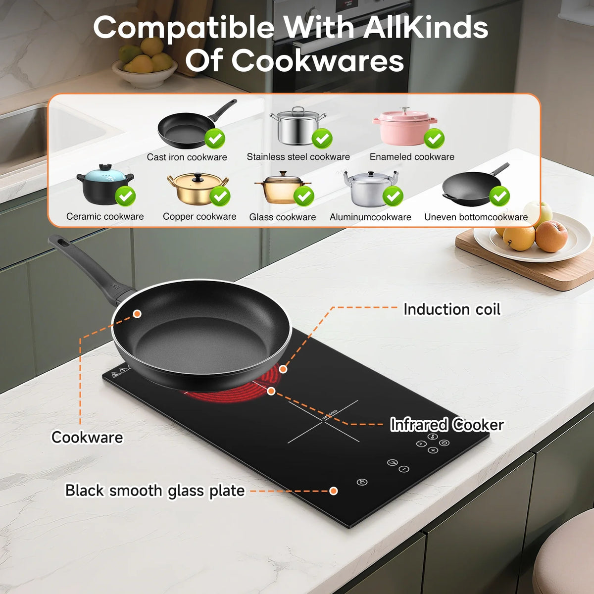 VoltCuisine Double/Dual Induction Cooktop 2 Burner, Shatter-proof Flat Glass Top, 9 Heat Settings, LED Touch Display with Child Safety Lock & Overheat Protection