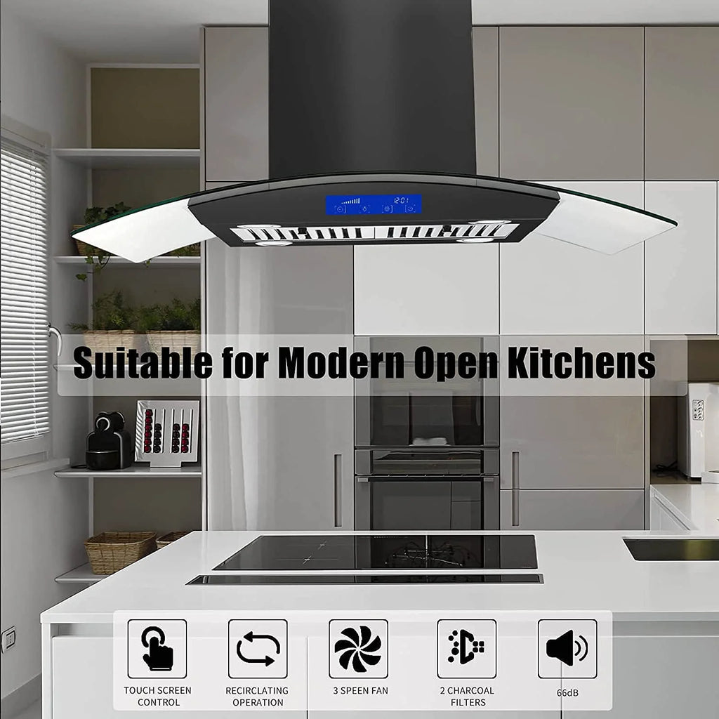 Island Mount Range Hood 36 inch Kitchen 3-Speed Extractor Fan Mesh filter Tempered Glass