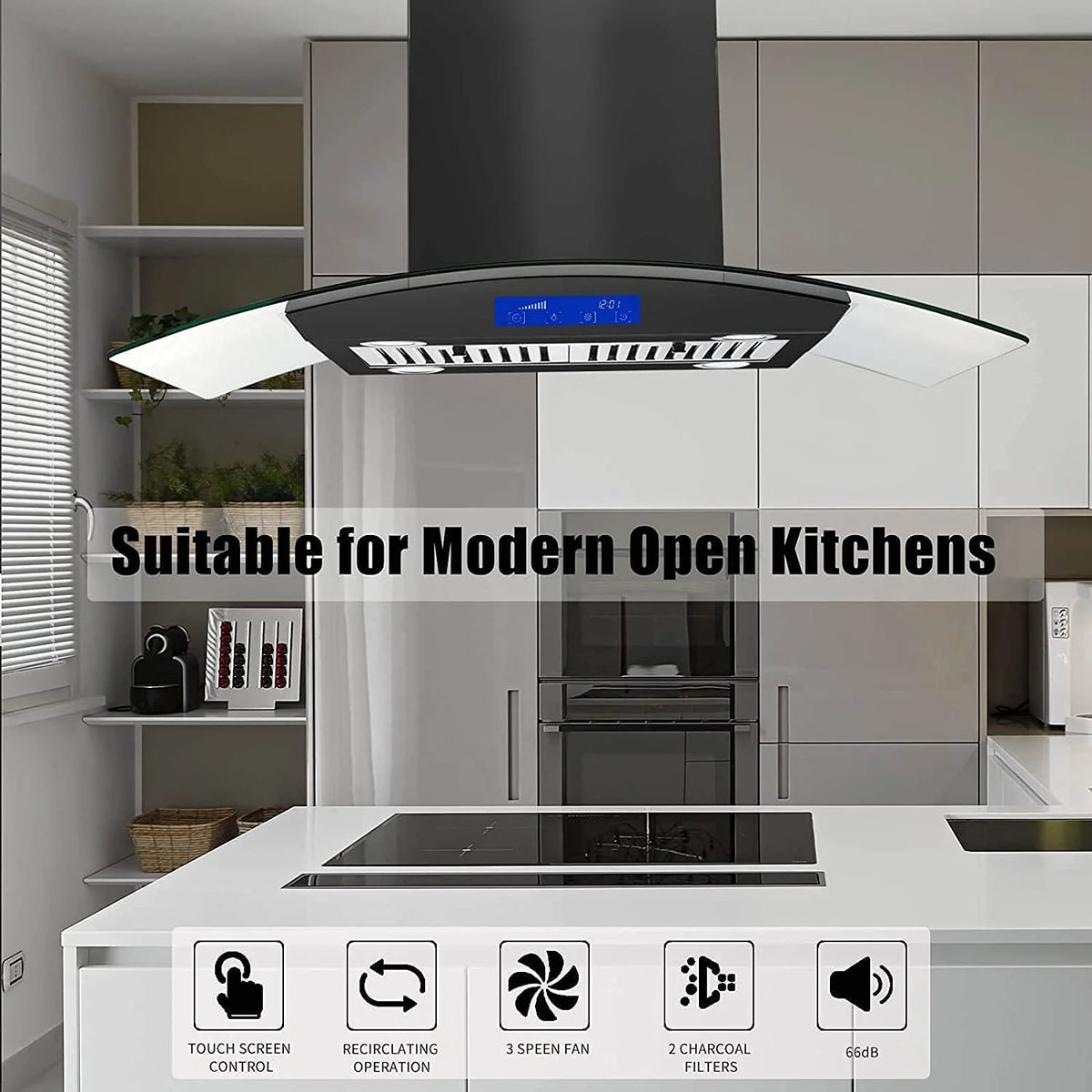 Island Mount Range Hood 36 inch Kitchen 3-Speed Extractor Fan Mesh filter Tempered Glass
