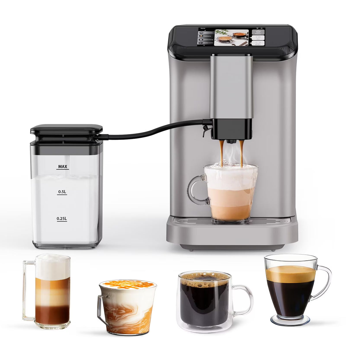 TROPOW Fully Automatic Espresso Machine, Automatic Milk Frother, Coffee Machine with Intuitive Touch Display for Latte, Cappuccino, Iced Coffee, Built-in Grinder, 1.5L Water Tank, for Home Office