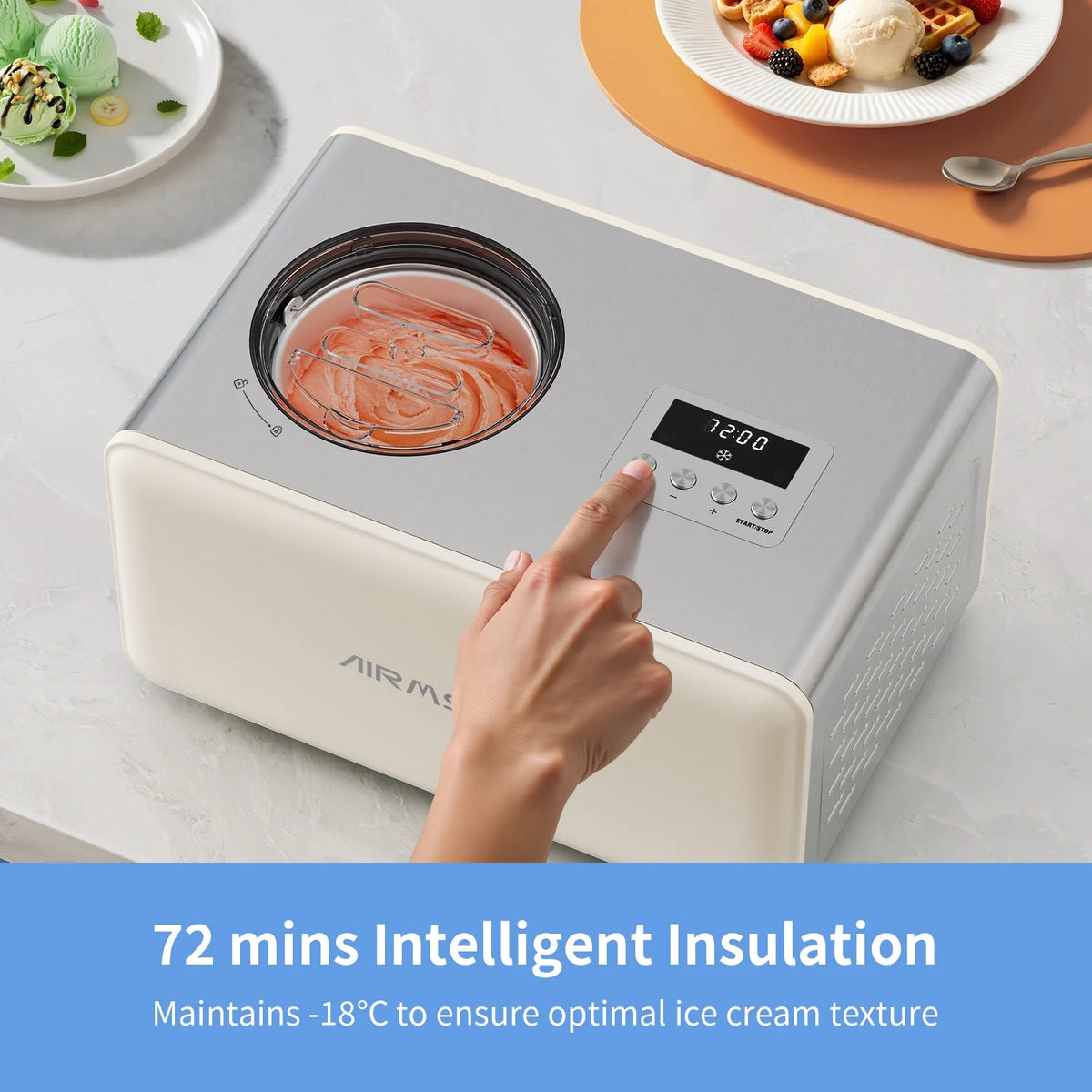AIRMSEN 2.1 Qt Ice Cream Maker, No Pre-Freezing Electric Ice Cream Machine with Compressor and LCD Timer for Gelato, Frozen Yogurt, Sorbet, White