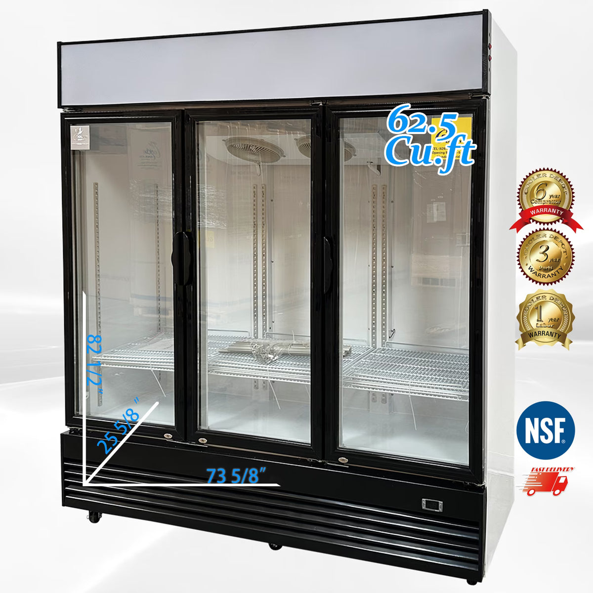 Commercial Merchandiser Refrigerator, 3 Glass Door, Beverage Cooler, 74" x 26" x 82", 62.5 Cu. Ft., NSF Certified