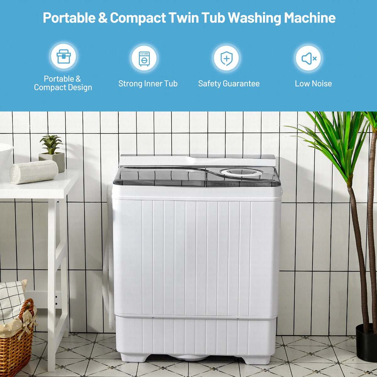 Costway 26lbs Portable Semi-automatic Washing Machine W/Built-in Drain Pump Grey