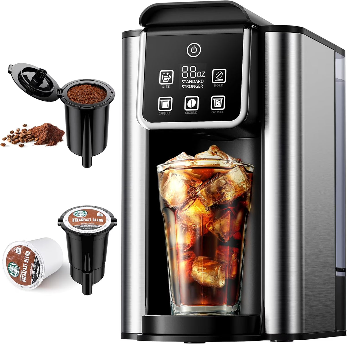 Hot & Iced Coffee Maker, Single Serve Coffee Maker for K Cup and Grounds, 6-14 Oz Brew Sizes, 50 Oz Removable Water Tank, One Cup Coffee Machine