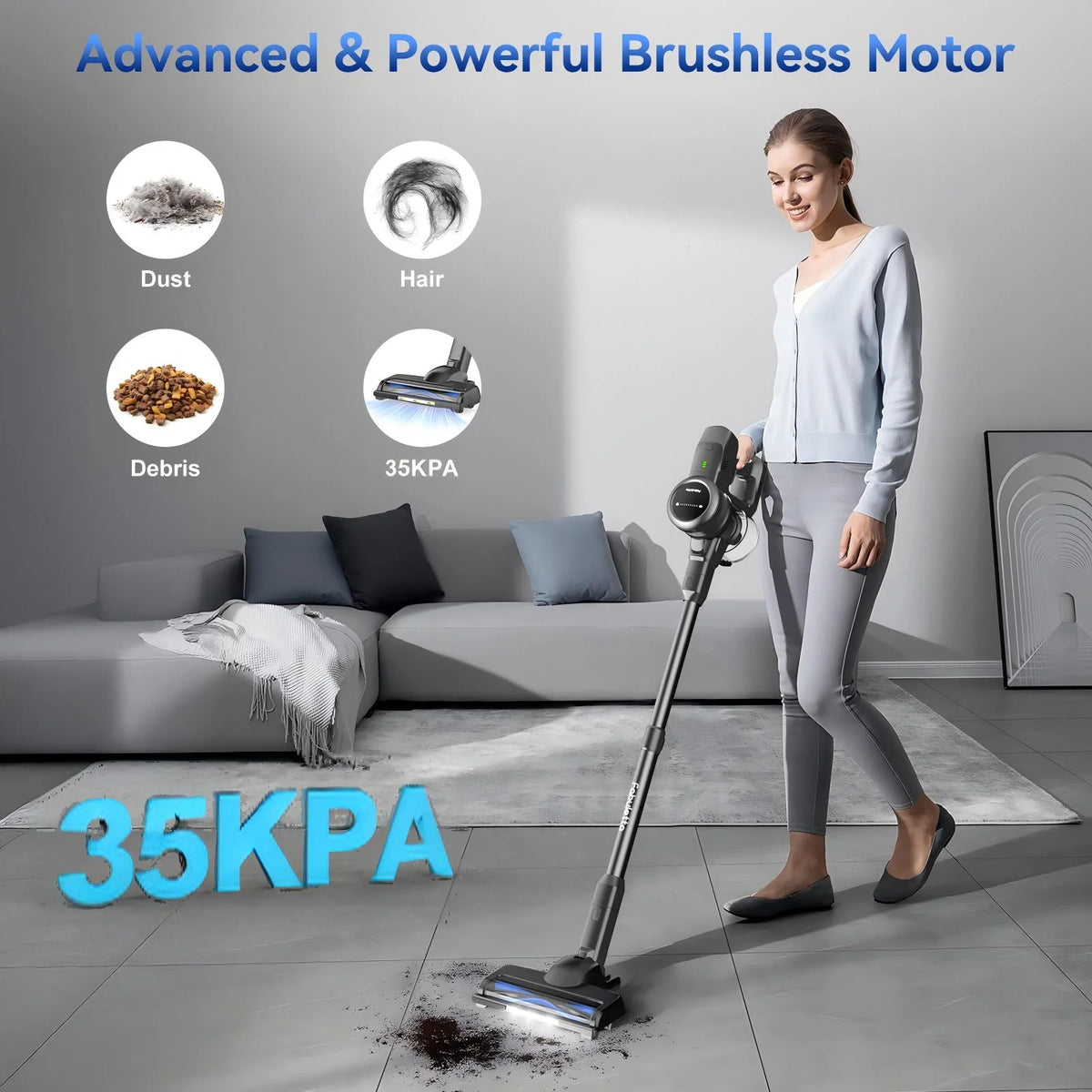 Lazyswan Cordless Vacuum Cleaner 35KPA Self-Standing Stick Vacuum 50min 400W Vac for Home Pet Hair Car Carpet Hardwood Floor, Black