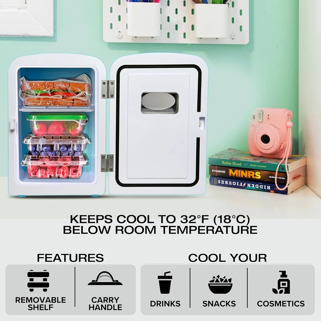 Mini Fridge - Refrigerator for Bedroom Office, Portable Table Top Beverage Cooler, 12V 110V Refrigerador For Drinks, Soda, Wine, Use In Car, Dorm, Outdoor, Patio, 6 Can