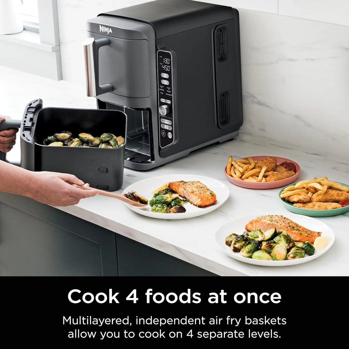 Restored Ninja Air Fryer, 10QT DoubleStack XL 2-Basket, Compact Design, Cooks 5lb Whole Chicken, Roast, Bake & More, Dishwasher Safe Parts, Grey, SL401 (Ceritified)(Refurbished)