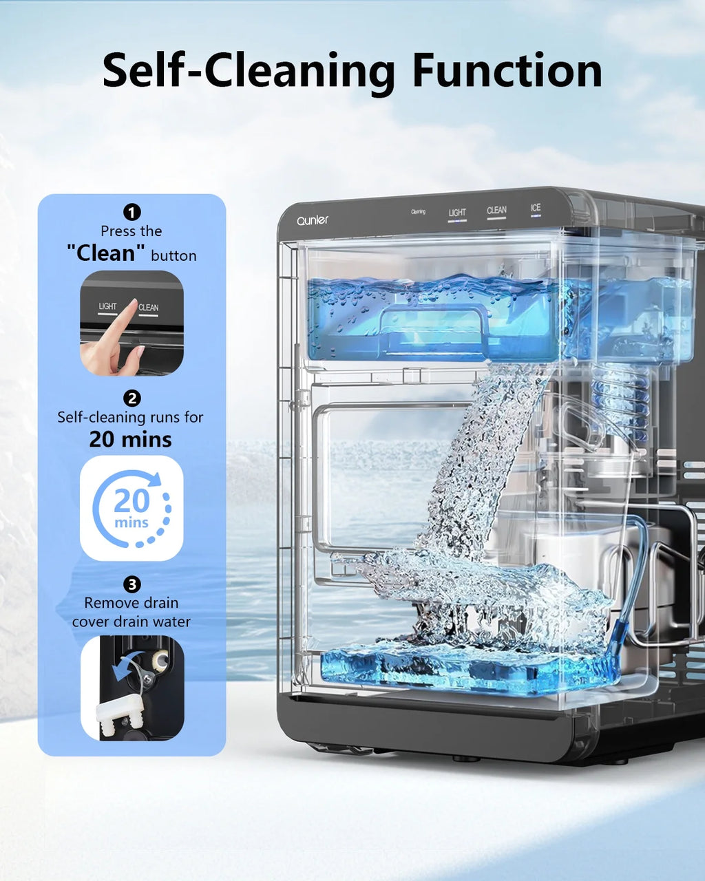 Qunler Nugget Ice Maker Countertop, 44lbs per Day Chewable Pebble Nugget Ice Machine with Touch Screen for Home, Kitchen, Office, Stainless Steel, Black