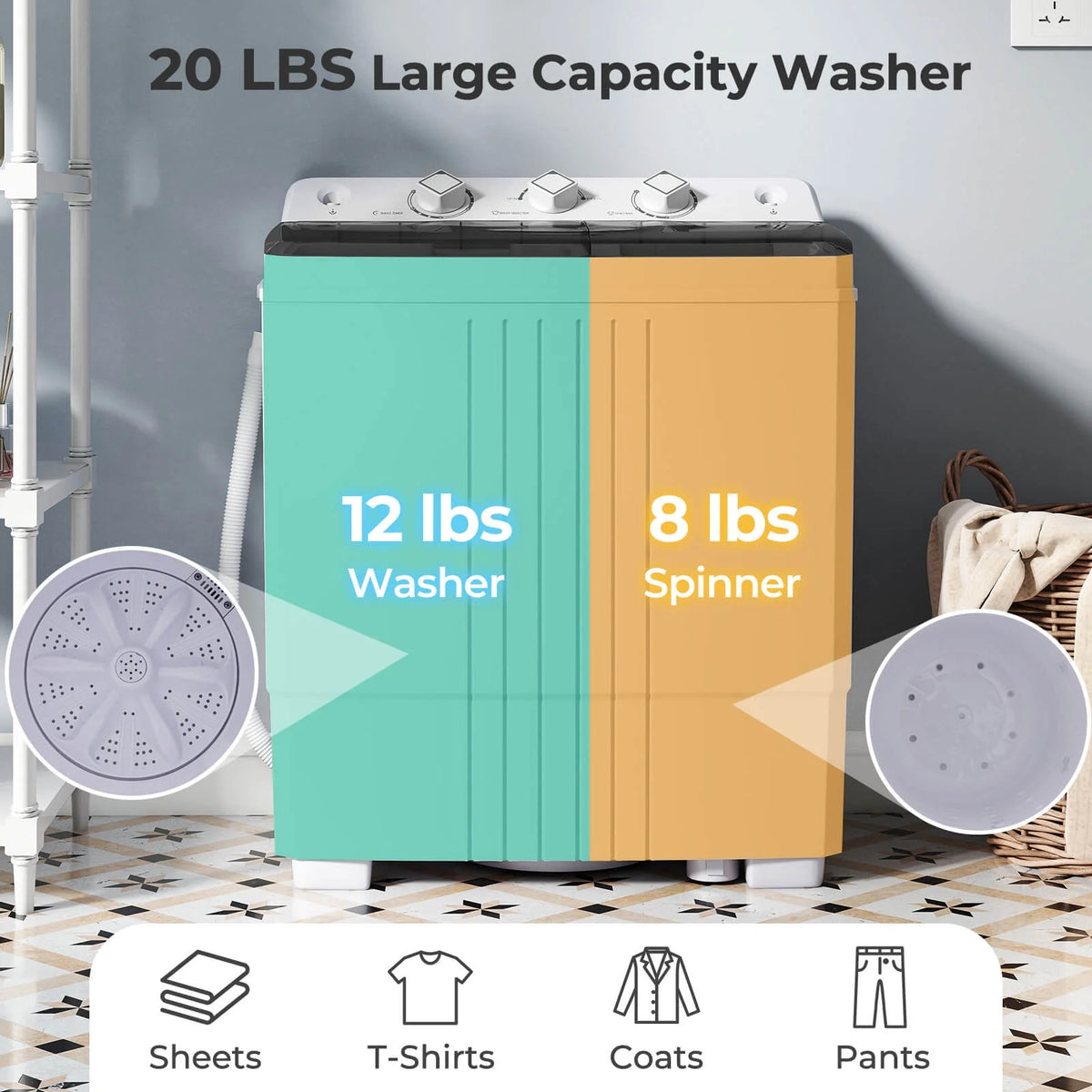 Costway Twin Tub 20Lbs Top Load Washing Machine with Gravity Drain