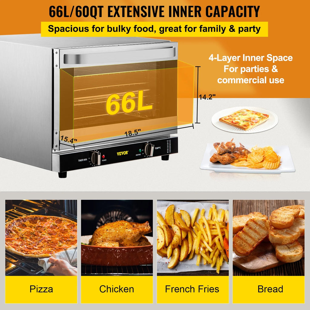 VEVOR Commercial Convection Oven,21L/19Qt,Quarter-Size Conventional Oven Countertop,1440W 3-Tier Toaster with Front Glass Door,Electric Baking Oven with Trays Wire Racks Clip Gloves