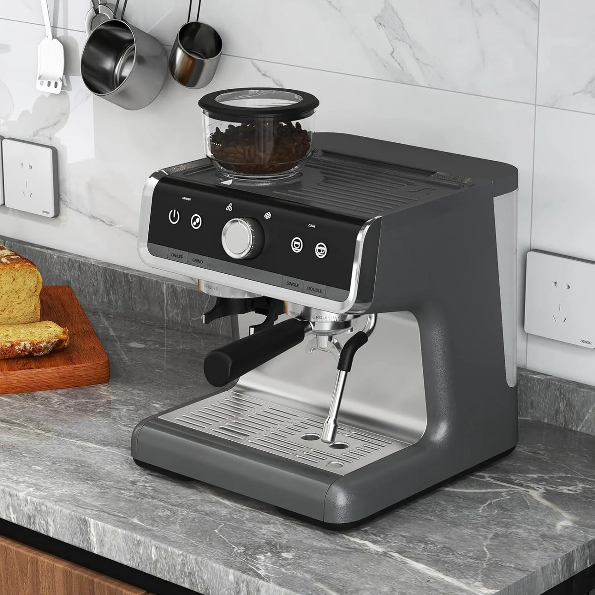 COZONY Espresso Machine 15 Bar, 2.5 L Water Tank, Semi Automatic Coffee Maker with Grinder, Milk Frother/Steam Wand, Italian Pump, All-in-One Espresso Machine, Stainless Steel, Silver