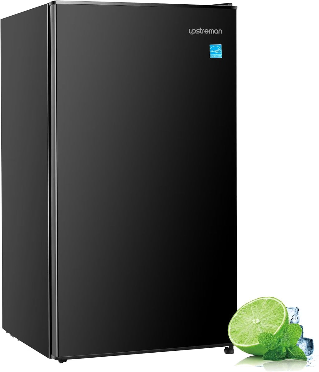 Upstreman 4.5 Cu. Ft. Compact Refrigerator with Freezer, Single Door Mini Fridge Small Refrigerator, 3 Removable Glass Shelves, Adjustable Thermostat, Black FR45