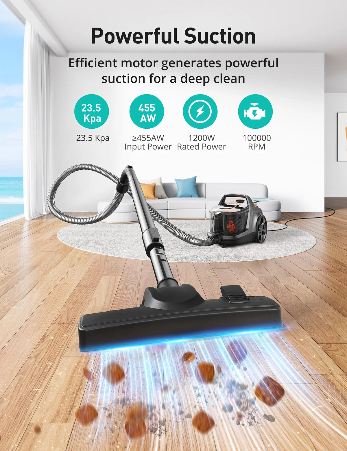 Canister Vacuum Cleaner, 30Kpa Powerful Suction, Bagless with 3.7QT Large Dust Cup, Auto Cord Rewind, HEPA Filter, 5 Attachments, Lightweight Vacuum for Pet Hair, Hard Floors & Car