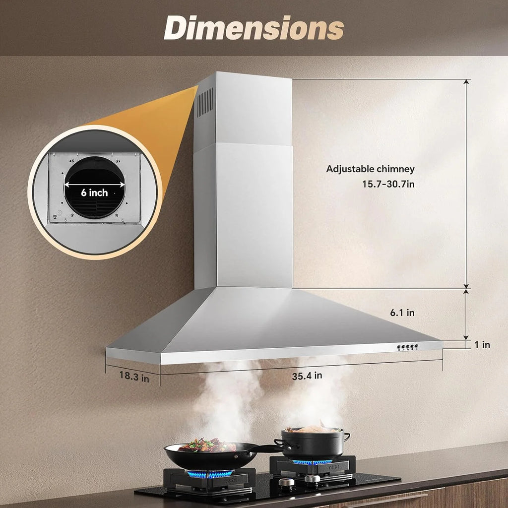 36-inch Wall Mount Range Hood 450CFM 3-Speed, Stainless Steel with LED Light, Adjustable Chimney 15.7-30.7in, Ducted/Ductless Ready, Quiet Under 55dB, 5-Layer Filters