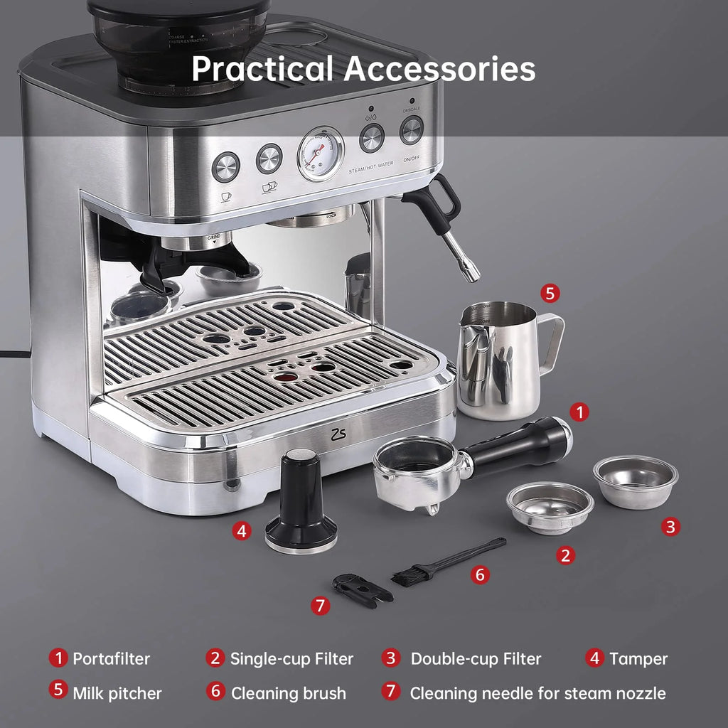 AOILE Espresso Machine with Grinder and Milk Frother �?15 Bar Pump for Cappuccino and Latte, 85oz Removable Water Tank, Stainless Steel, Steam Wand, Auto-Purge Function